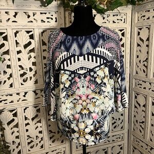 COCO BIANCO FANTASTIC WHITE WITH BLACK & BLUE MULTICOLOR DESIGN BOHO TOP
